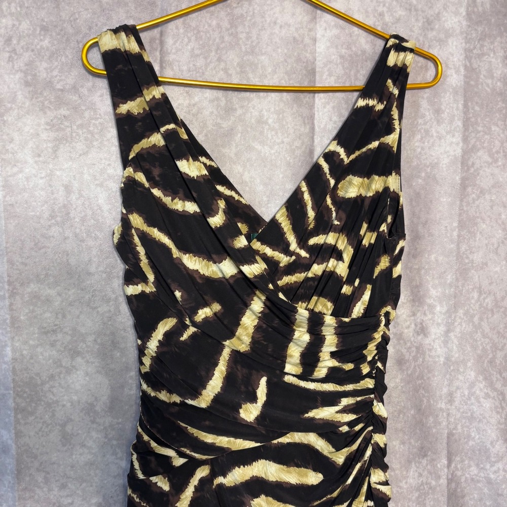 Lauren Ralph Lauren Zebra Faux Wrap Ruched Dress Women Size 8 Brown Gold Safari - Picture 7 of 8